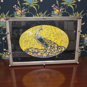 Peacock Serving Tray with Gold Foil Backing, Vintage‎ Reverse Painted Carrier